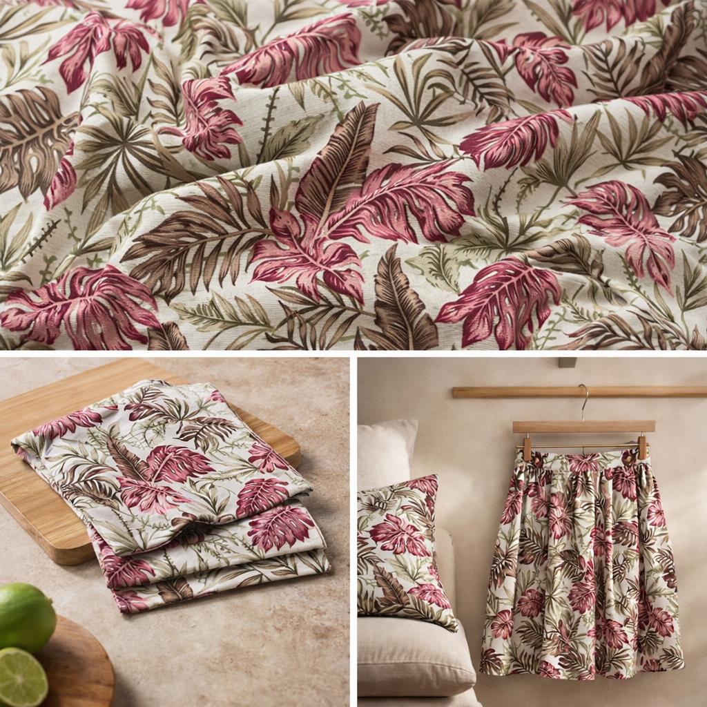 Tela estampada con hojas 140 cm de ancho