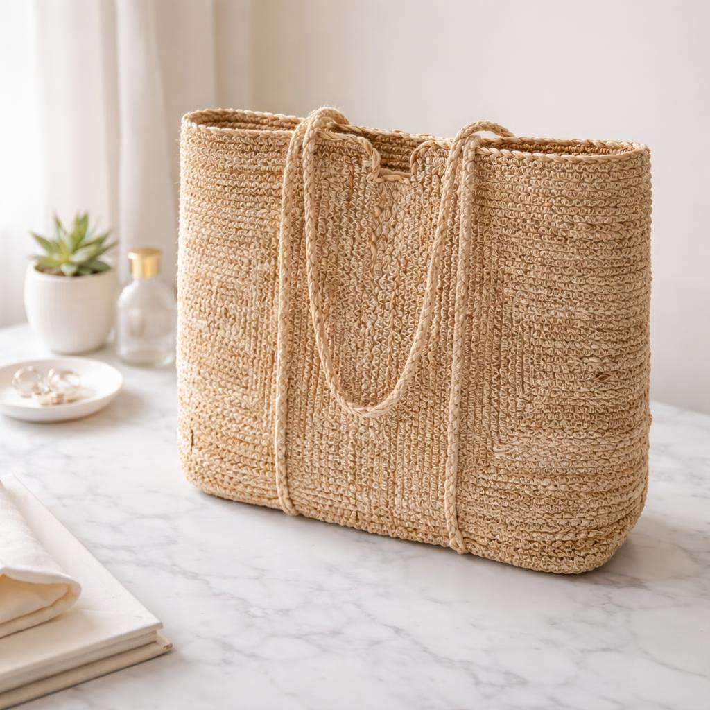 Bolso de yute tejida con asas de cuerda