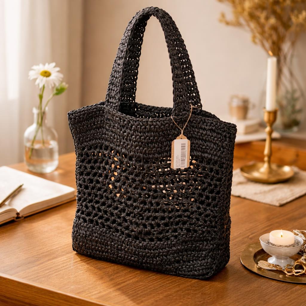 Bolso tejido de malla negra con asas