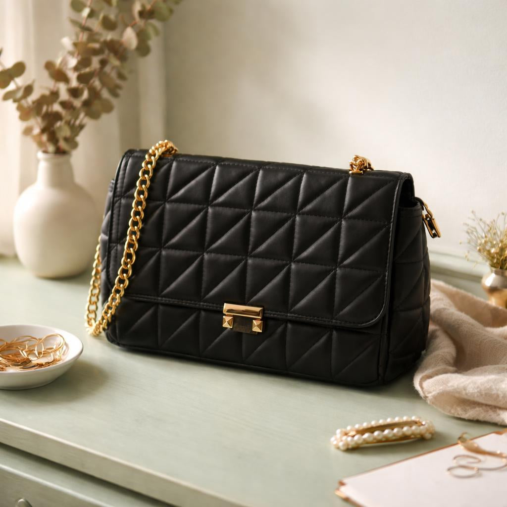 Cartera acolchada con cadena dorada