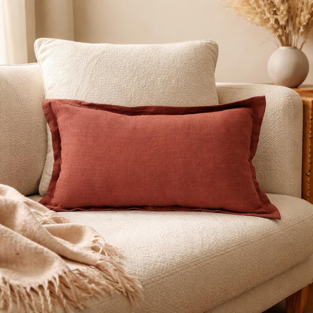 Cojín lino bicolor crudo y terracota 30x50 cm